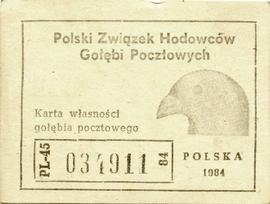 Karta własności gołębia pocztowego