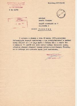 Pismo ws. depozytu