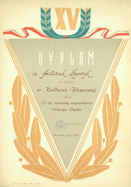 Dyplom za zasługi w Kulturze Fizycznej z okazji XV-tej rocznicy wyzwolenia Dolnego Śląska