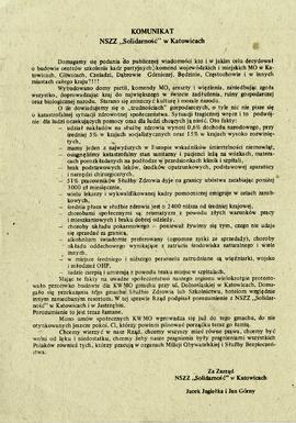Komunikat NSZZ "S" w Katowicach w sprawie wzniesienia budynku KW MO na tle sytuacji w s...