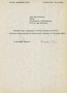 Ponowienie rezygnacji ze stanowiska zastępcy dyrektora Instytutu Historycznego