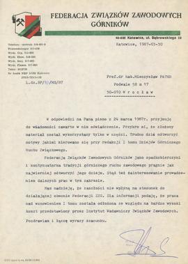 Pismo z Federacji Związków Zawodowych Górników